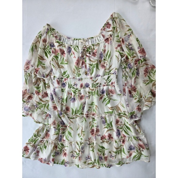 Mint of Blush Dresses & Skirts - Mint of Blush Floral Smocked Mini Dress XL White Pink Purple Ruffle Tiered Boho